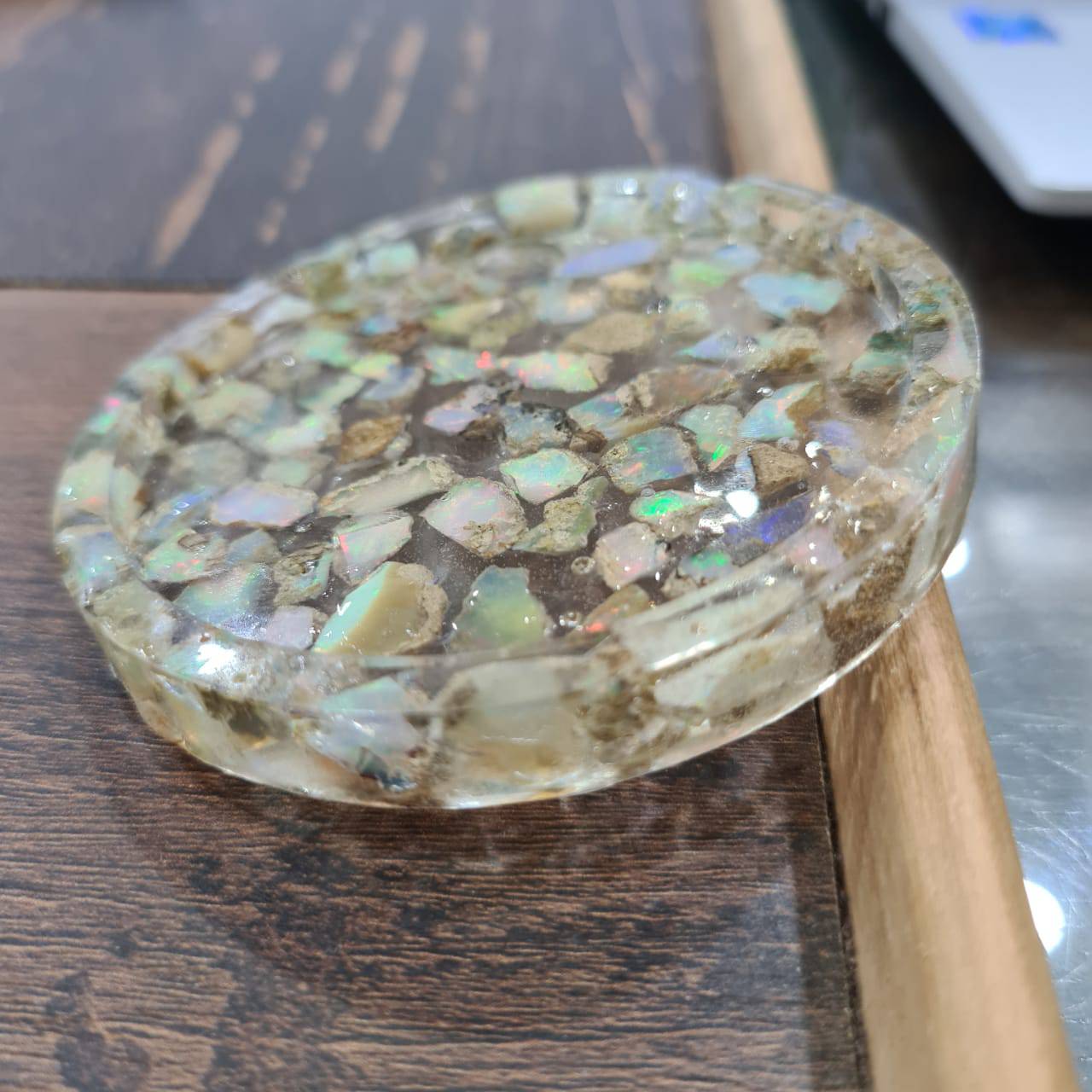 Natural Opal Round Tray | Resin Polished Coaster with Natural Opals Roughs |2.5 Inches - The LabradoriteKing