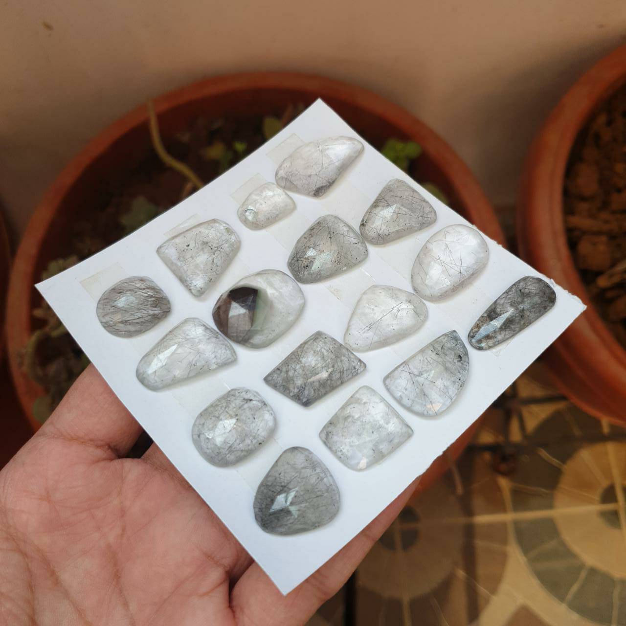 SALE🔥  16 Pcs Natural Black Rutile Quartz Rosecut Gemstones | Fancy Shape, Sizes: 16-27mm - The LabradoriteKing