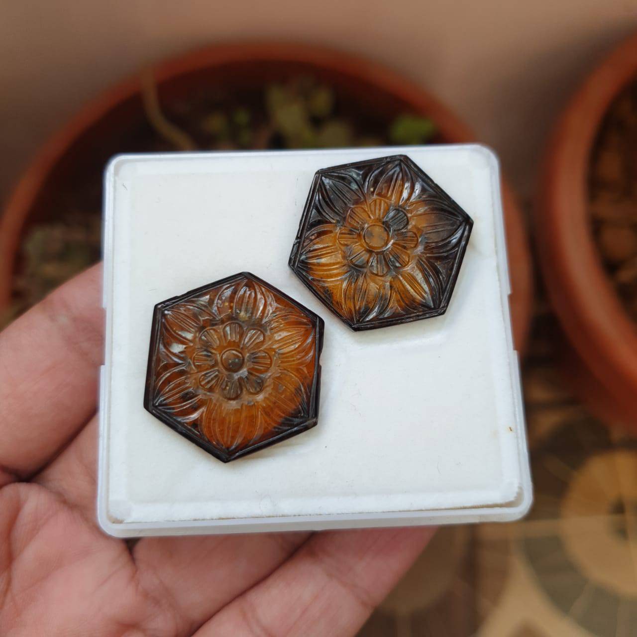 SALE 🔥 2Pcs Pair Natural Tourmaline Carved Gemstones | Hexagon Shape, Size: 26mm - The LabradoriteKing