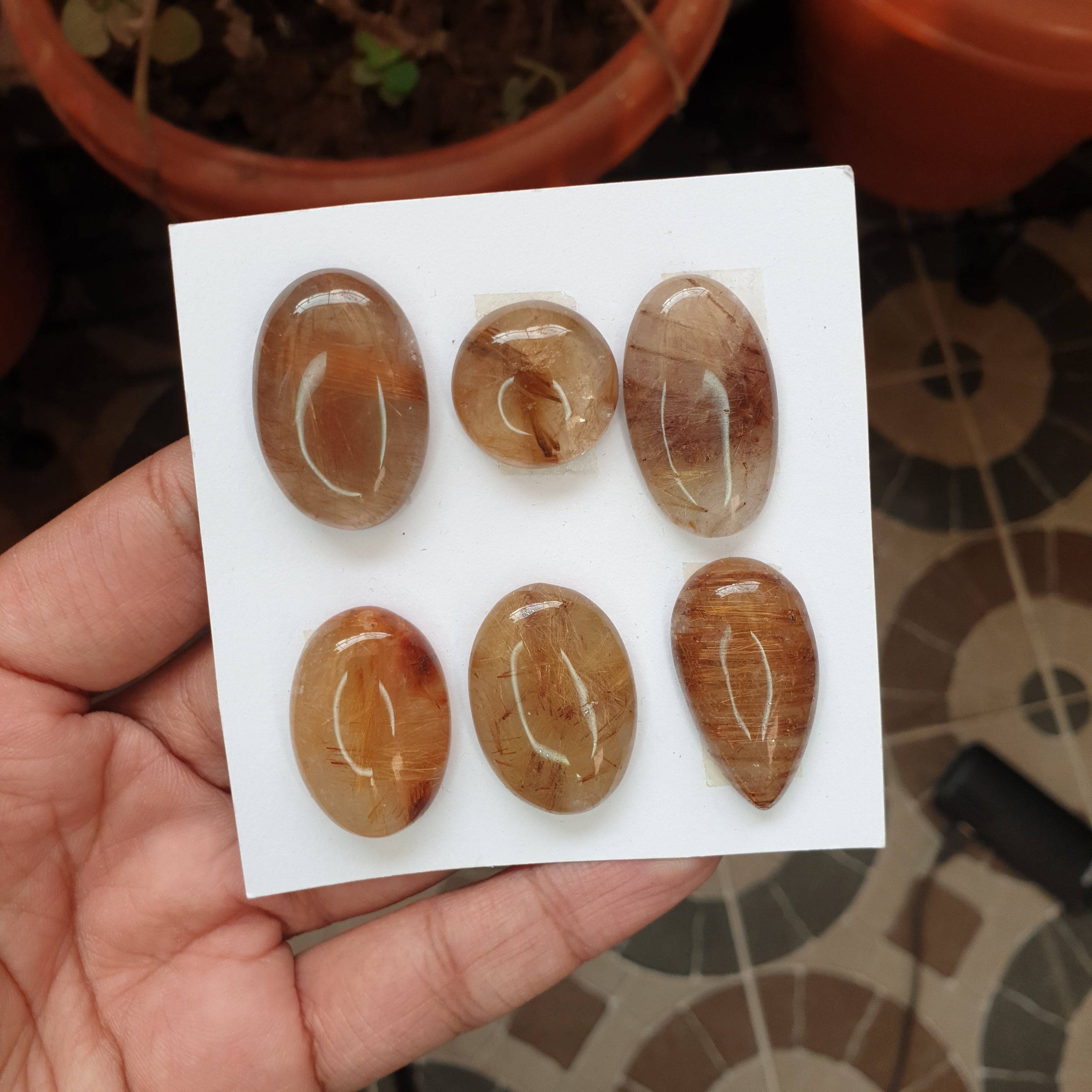 SALE🔥  6 Pcs Natural Rutile Quartz Cobochon Gemstones | Mix Shape, Sizes: 20-32mm - The LabradoriteKing