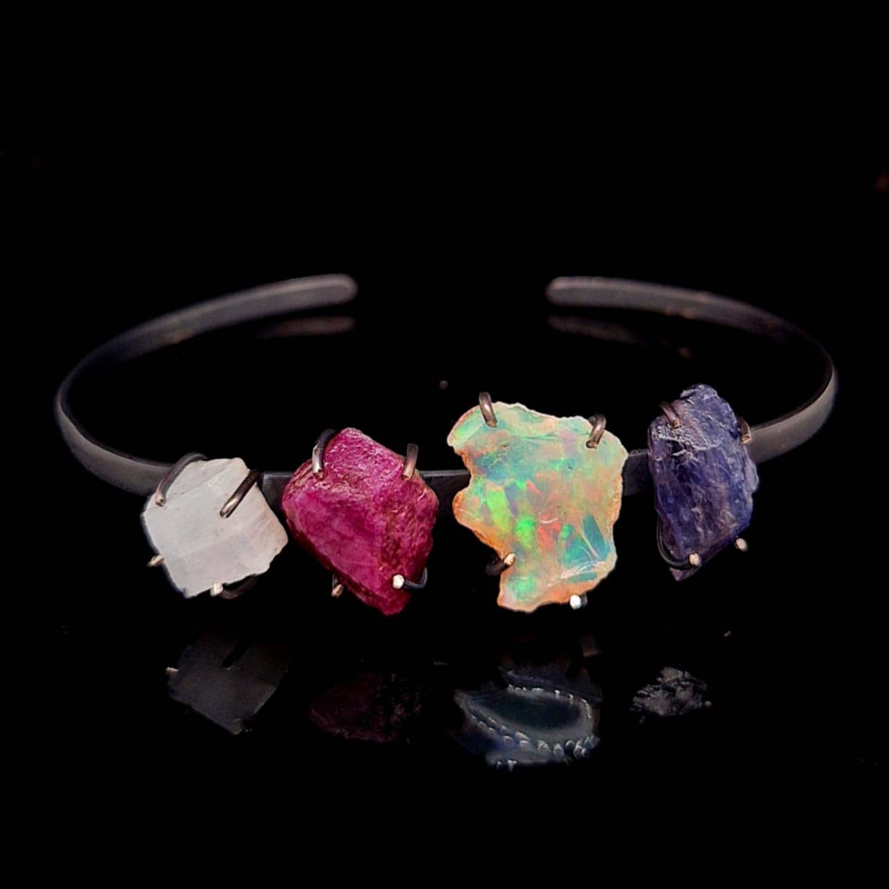 Sterling Silver bracelet Cuff - Raw Opal, Moonstone , Ruby and Tanzanite - The LabradoriteKing